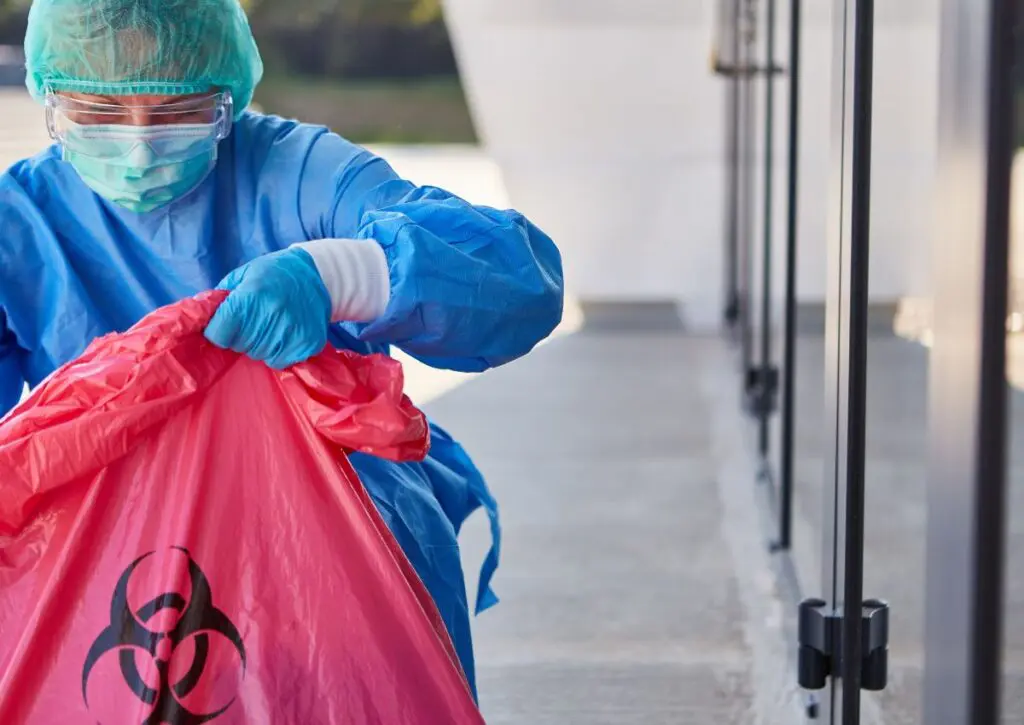 Woman with protective gear bagging up hazardous material