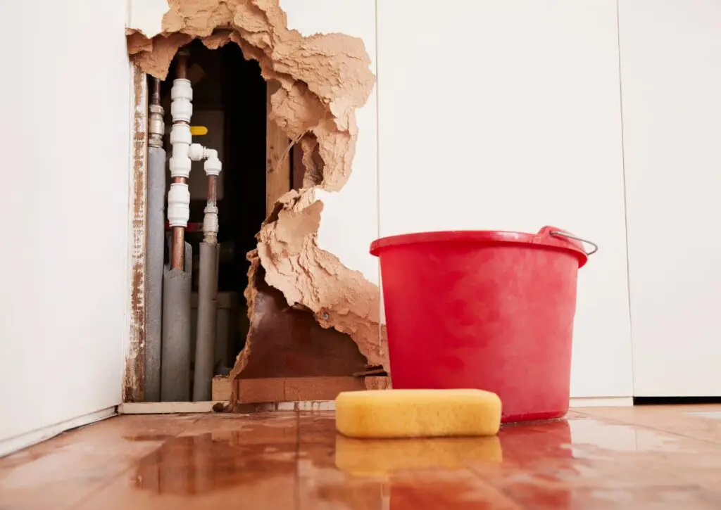 View of a wall with the drywall torn out to reach pipes due to water damage with a sponge and bucket on the floor